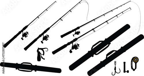 Fishing rods, reels, hooks, lure, vest, outdoor equipment, angling gear, camping accessories, silhouette style, sport fishing tools, cad drawing flat vector illustration