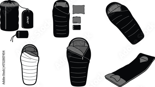 Sleeping bag types, camping gear set, mummy style, rectangular design, outdoor equipment, travel essentials, hiking accessories, cad drawing flat vector illustration