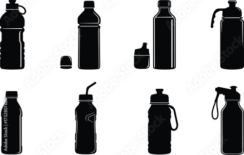 Silhouette set of reusable water bottles, sports hydration containers, eco friendly drinkware, fitness accessories, flat vector illustration, CAD drawing, isolated design