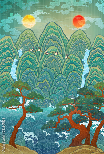 A traditional Korean folk painting illustration. A painting of the sun, moon, and five peaks. A traditional folk painting symbolizing the king. The sun, moon, and five peaks. 한국 전통 그림, 일월오봉도, 민화 일러스트 