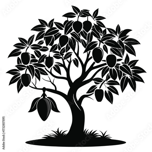 Silhouette of a lush mango tree with abundant fruit against a white background