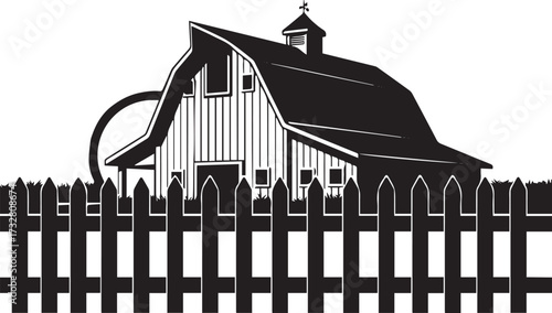 Create Black and white barn silhouette with a picket fence and a simple, graphic style. on white Background.
