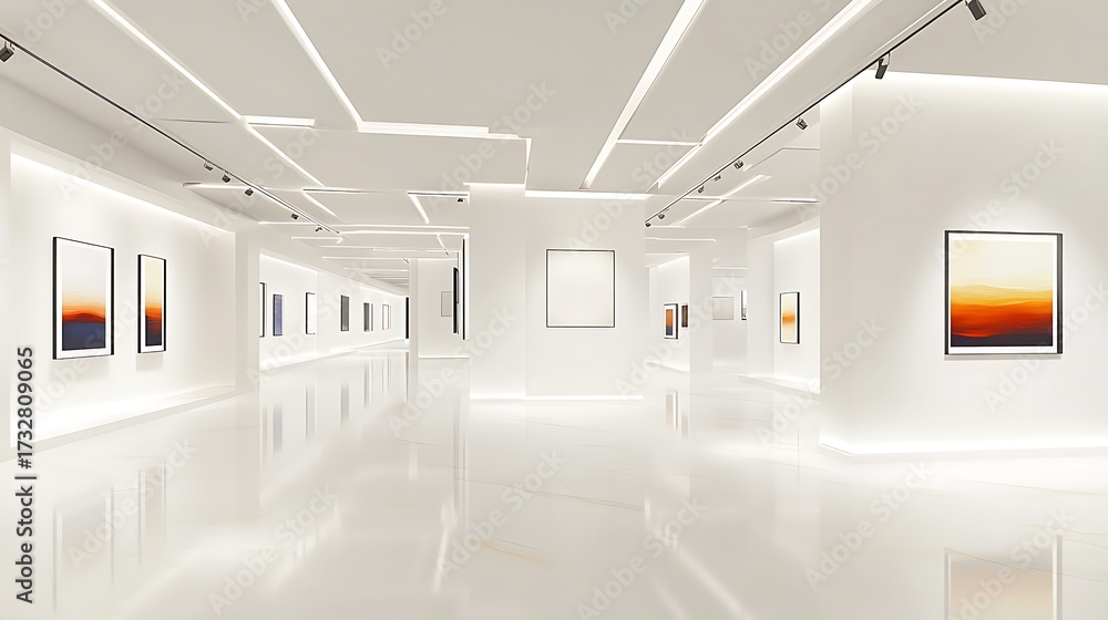 Fototapeta premium A modern art gallery with white walls and bright lighting and empty frames