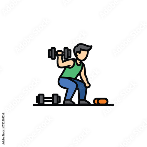 Cartoon person performing a squat exercise with dumbbells and a pill isolated on white background
