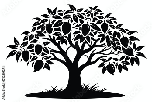 Silhouette of a leafy mango tree bearing ripe fruits against a white background