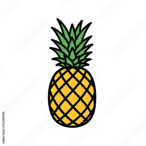 A vibrant yellow pineapple with green spiky leaves isolated on white background