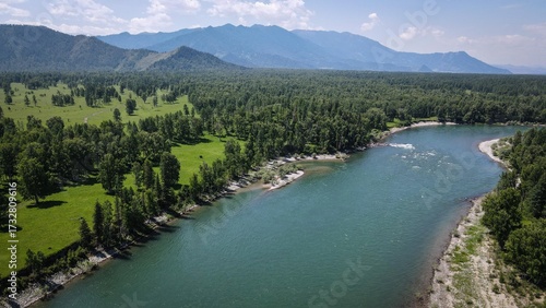 Aerial view of Katun River near Tyungur River, Altai Republic, Russia