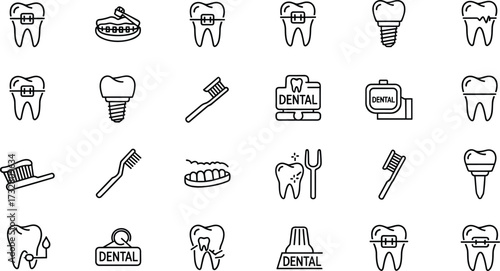 Dental care line icon collection, tooth implant, braces, toothbrush, toothpaste, oral hygiene vector set, clean teeth health illustration