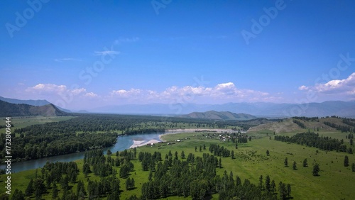 Aerial view of Katun River near Tyungur River, Altai Republic, Russia