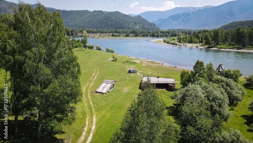 Aerial view of Katun River near Tyungur River, Altai Republic, Russia