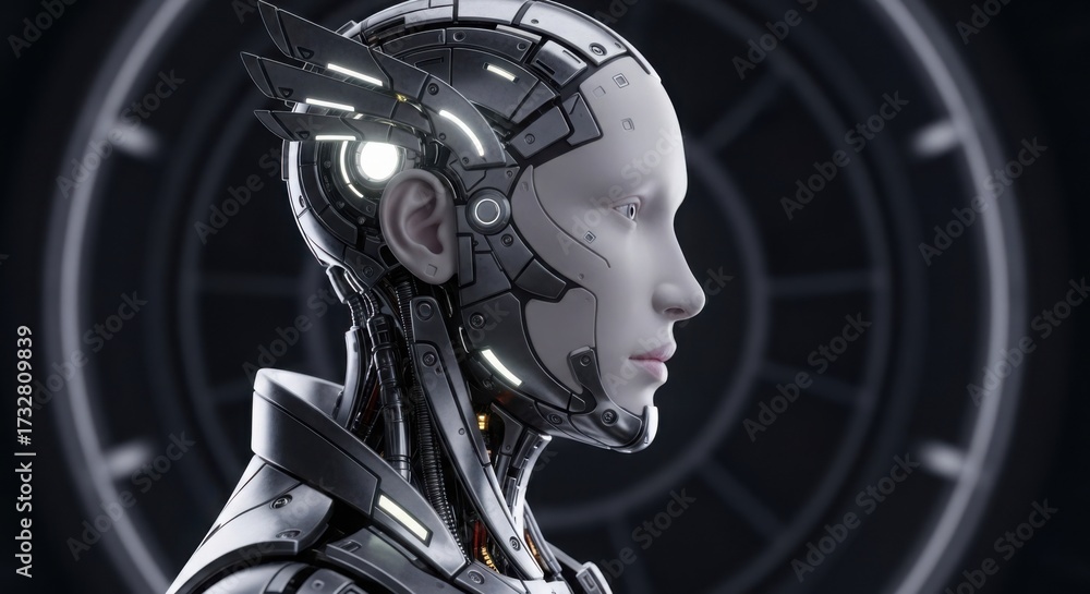 Fototapeta premium Futuristic White and Silver Cyborg Head Profile with Glowing Details