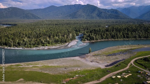 Aerial view of Katun River near Tyungur River, Altai Republic, Russia