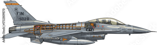 Detailed fighter jet cutaway illustration, military aircraft side view, technical aviation diagram, cockpit interior, modern warplane structure, aerospace engineering vector designv