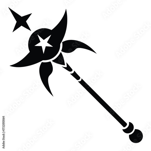 Black magic wand with star on tip and white background showcases fantasy