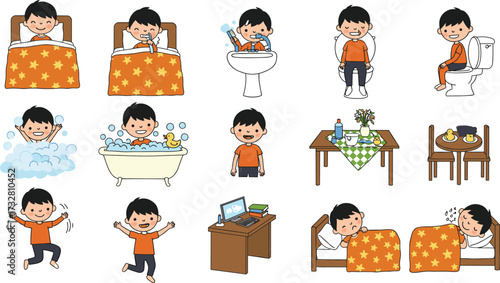 Cartoon boy daily routine activities, waking up, brushing teeth, bathing, eating breakfast, studying, playing, sleeping, healthy lifestyle kids illustration