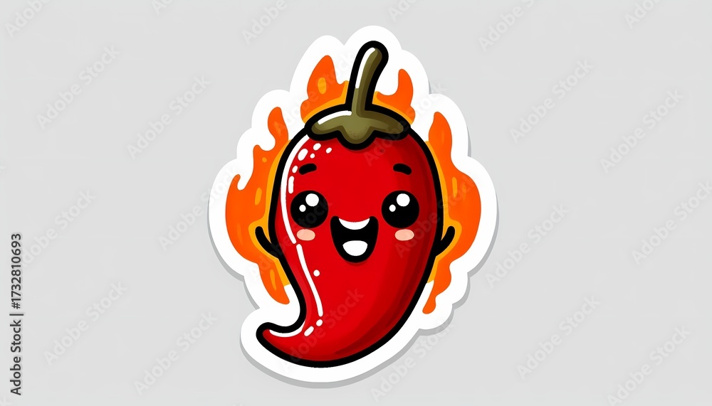 Fototapeta premium Cute and hot chili pepper character with flames, kawaii spicy food sticker.