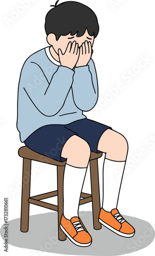 Sad boy illustration, crying child clipart, emotional stress graphic, sitting boy, mental health awareness, school kid art, loneliness concept image