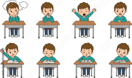 Cartoon boy sitting at school desk, studying, reading, writing, thinking, raising hand, yawning, learning, classroom emotions, education, children illustration