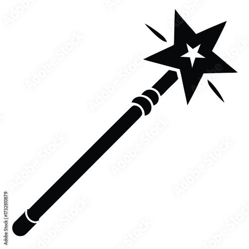 Black silhouette shows magic wand with star and shine sparkles on a white background