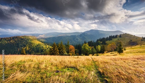 Wallpaper Mural Mountain Landscape With Forest On The Hill Grassy Countryside Pasture Of Ukraine Warm Early Autumn Weather With Cloudy Sky Amazing Place Torontodigital.ca