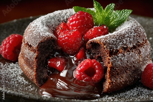 Decadent chocolate lava cake topped with fresh raspberries