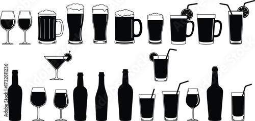 Collection of drink and alcohol silhouette icons including wine glasses, beer mugs, cocktail glasses, bottles, and shaker for bar design