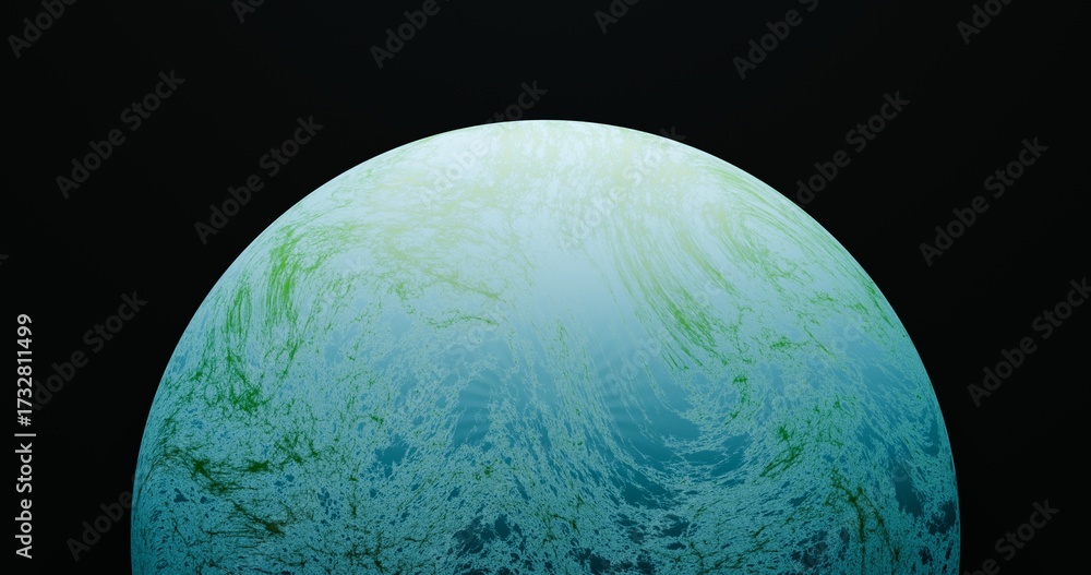 Fototapeta premium Render 3D de um planeta/exoplaneta azul com veios esverdeados e iluminação suave, recortado contra fundo espacial escuro.