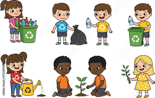 Cartoon children recycling bottles, planting trees, watering plants, eco friendly kids, waste management, environmental education, sustainability, nature care, save earth, green lifestyle