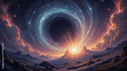 Cosmic portal opens above mountain landscape, sci-fi scene at dawn.