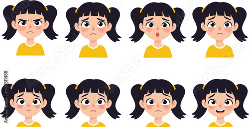 Cartoon girl facial expressions set, angry, sad, surprised, confused, crying, happy, emotional character illustration, children emotions clipart collection