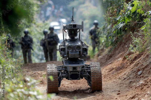Military Surveillance Robot  in a Tactical Mission with Soldiers