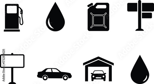 Gas station and car service icons vector set with fuel pump, oil drop, garage, road signs, vehicle silhouette, transportation and automotive symbols illustration