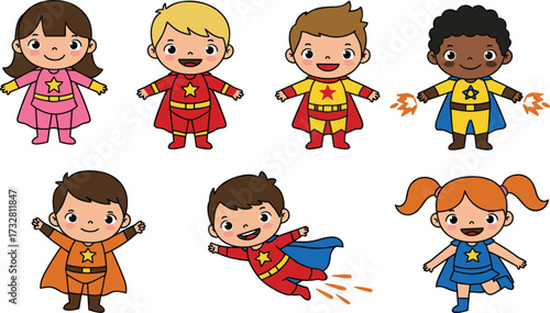 Cute superhero kids illustration, cartoon children in costumes, flying, playing, team of boys and girls, fantasy, power, hero character design