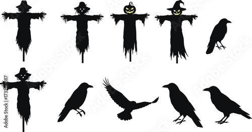 Halloween scarecrow and crow silhouettes set with spooky pumpkin head, witch hat scarecrow, flying raven, creepy farm night horror theme.
