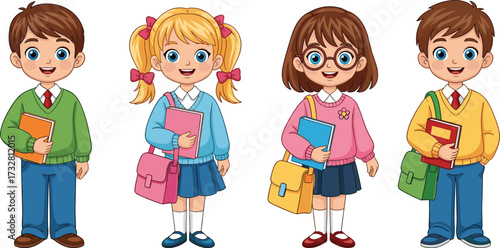 Group of happy school children with books, cartoon students wearing uniforms, smiling kids holding backpacks, education concept, classroom learning illustration, friends