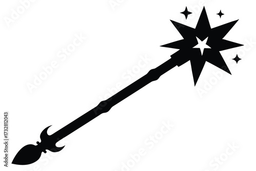 Black magic wand silhouette sparkles brightly with stars on a plain white background