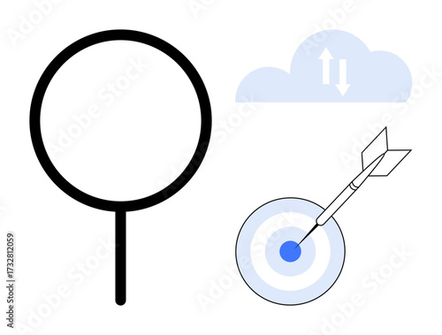 Magnifying glass symbolizing focus, cloud with arrows for data exchange, bullseye hit by an arrow for success. Ideal for analysis, research, cloud technology, precision, goals, productivity simple