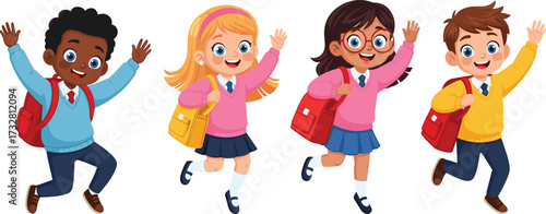 Happy cartoon school children running together with backpacks, smiling kids wearing uniforms, joyful students jumping excited, education concept, classroom friends illustration, fun