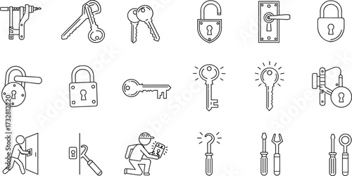 Locksmith tools and security icon set with padlocks, keys, keyholes, door locks, lock picking tools, and burglar illustration