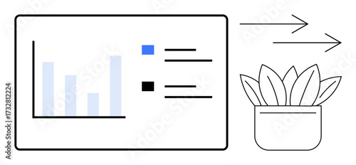 Bar chart with legend and directional arrows next to plant pot, representing growth, analytics, and progress. Ideal for business, environment, productivity, growth strategy minimalism teamwork. A