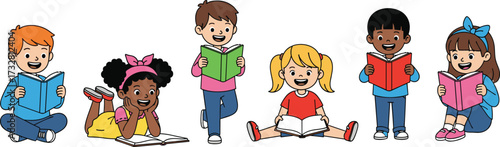 Happy diverse children reading books together, cartoon illustration of students studying, education and learning concept, kids enjoying colorful storytime, smiling faces