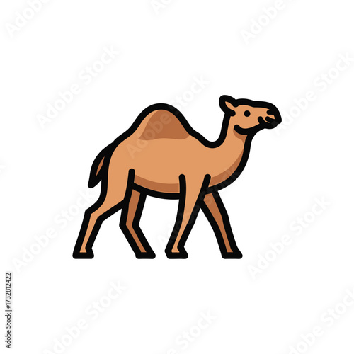A stylized illustration of a dromedary camel walking with a hump isolated on white background