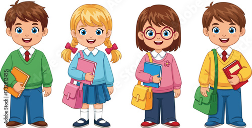 Happy school children with books and backpacks, cartoon students standing together, education learning concept, diverse kids smiling, classroom study illustration