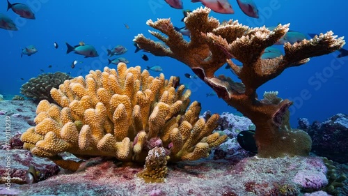 Static underwater shot of hard corals and tropical fish in the Phoenix Islands Protected Area of Kiribati