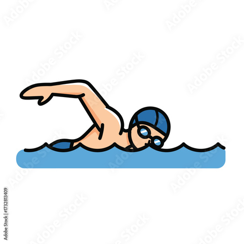Person swimming freestyle stroke in blue water with goggles and cap isolated on white background