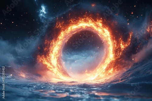 Ring of fire blazing on the ocean surface.