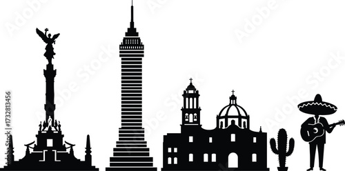 Mexico landmarks vector illustration with Angel of Independence, Torre Latinoamericana, colonial church, cactus plant, mariachi musician, cultural architecture and Mexican heritage silhouette design