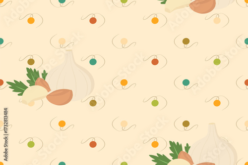 Organic Garlic Bulb and Cloves seamless background. Classic kitchen vector pattern.