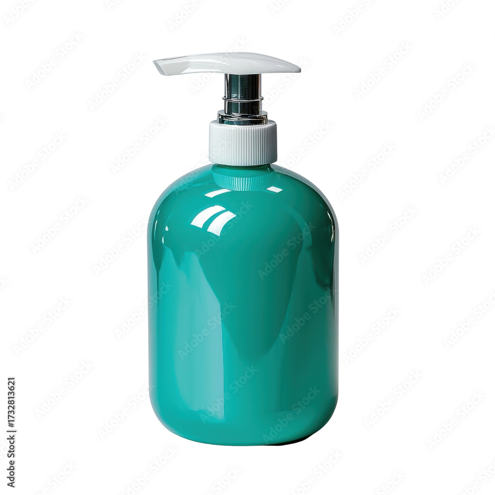 Fototapeta premium Teal Liquid Soap Dispenser with Pump Top on a Bright White Background for Personal Care or Home Decor transparent background