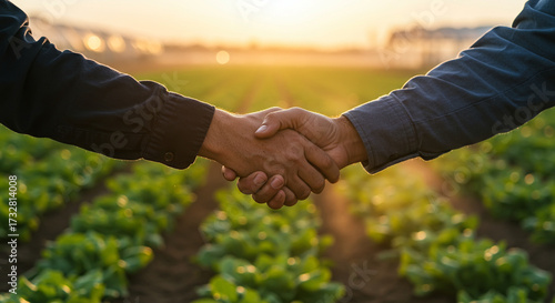 Two people shaking hands over a field of crops at sunset, symbolizing partnership and agriculture.